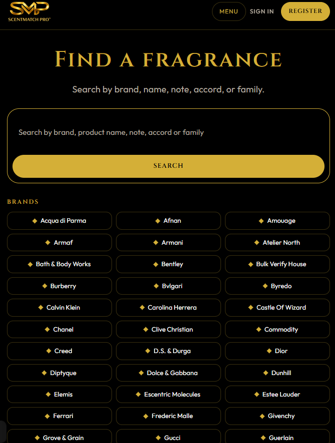 Find a Fragrance™ screen with the search box and brand list