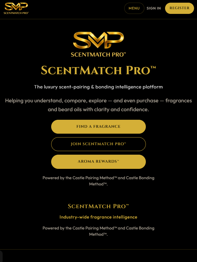 ScentMatch Pro™ app home screen with the Find a Fragrance, Join and Aroma Rewards buttons